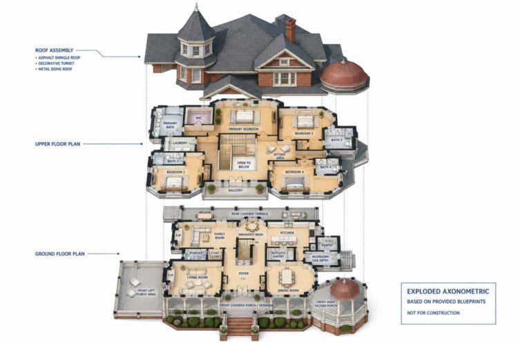 Exploded axonometric view of this corner turret Queen Anne Victorian floor plan