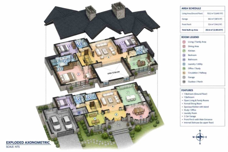 Exploded Axonometric View of 5 Bedroom Castellated Contemporary House Plan with Twin Stone Towers