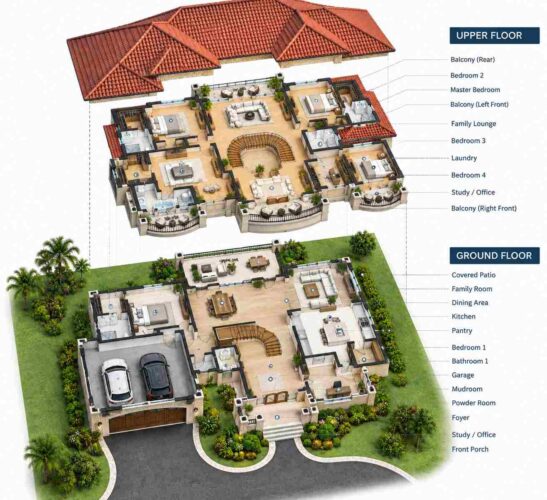 Exploded Axonometric View of Spanish Colonial Villa House Plan with Dual Curved Staircase