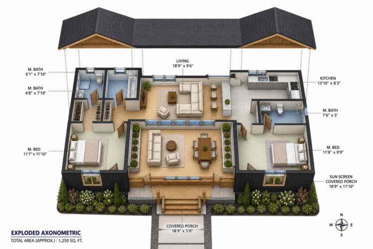 Exploded Axonometric View of House Plan with Sunscreen Covered Porch — 2 Bedroom Twin Gable Black Farmhouse