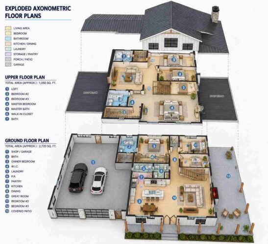 Exploded Axonometric View of House Plan with Dual Master Suites — 6 Bedroom Farmhouse with Attached Shop