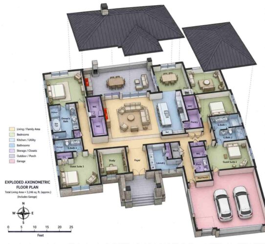 Exploded Axonometric View of House Plan with Three Guest Suites — 5 Bedroom Hill Country Modern Farmhouse