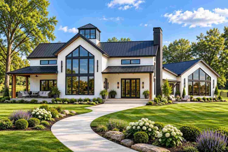 Front Elevation of House Plan with Angled Private Suite Wing — 3 Bedroom Modern Barn