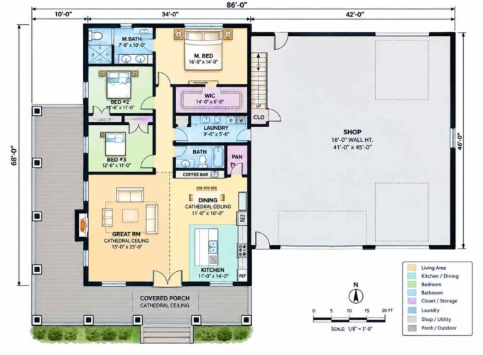 Ground floor blueprint of 3 Bedroom Modern Barndominium House