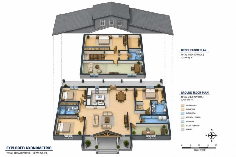 Exploded Axonometric View of 4 Bedroom 2 Story Barn Farmhouse House Plan with Loft and Wraparound Porches