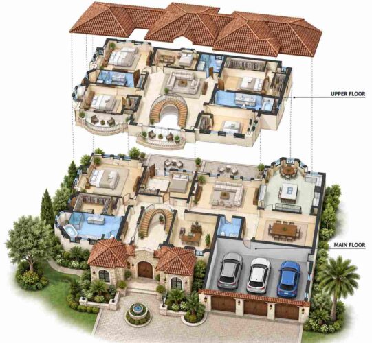 Exploded Axonometric View of the 7 Bedroom Tuscan Mediterranean Estate with Dual Primary Suites