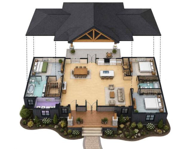 Exploded Axonometric View of the 3 Bedroom Single-Story Farmhouse Design