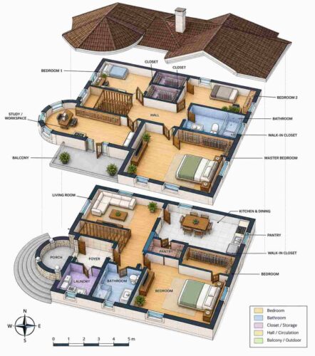 Exploded Axonometric View of 4 Bedroom 2 Story Mediterranean Cottage House Plan with Turret Study