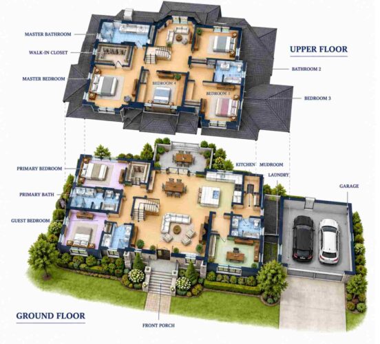 Exploded Axonometric View of 6 Bedroom Craftsman Traditional House Plan