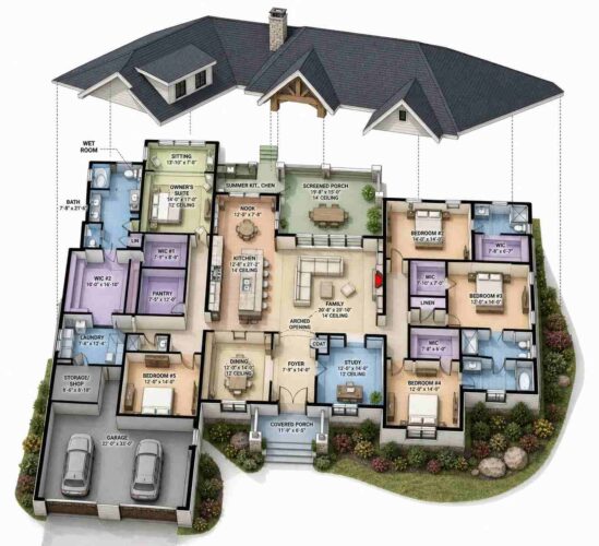 Exploded Axonometric View of House Plan for a Large Family — 5 Bedroom Timber Gable Farmhouse