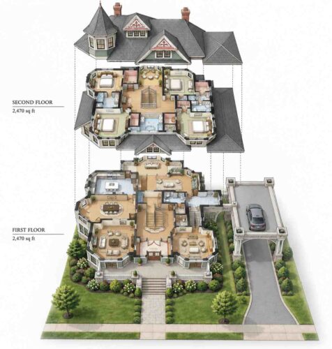 Exploded Axonometric View of House Plan for Grand Entertaining — 4 Bedroom Queen Anne Victorian