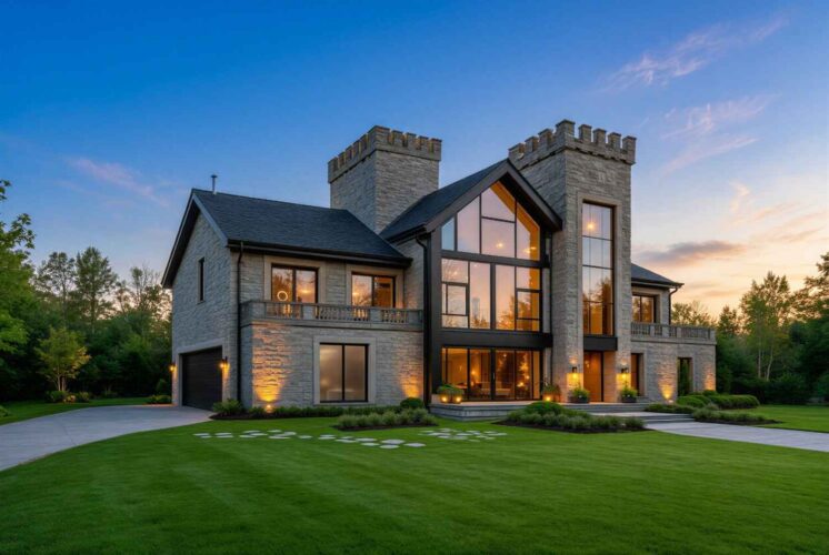 Left Side Elevation of Castellated Contemporary House Plan with Crenellated Tower