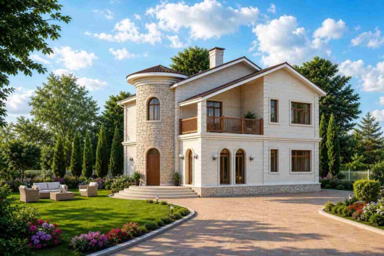 4 Bedroom 2 Story Mediterranean Cottage House Plan with Turret Study