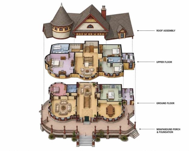 Exploded Axonometric View of House Plan with Turret Guest Suite — 5 Bedroom Eastlake Victorian