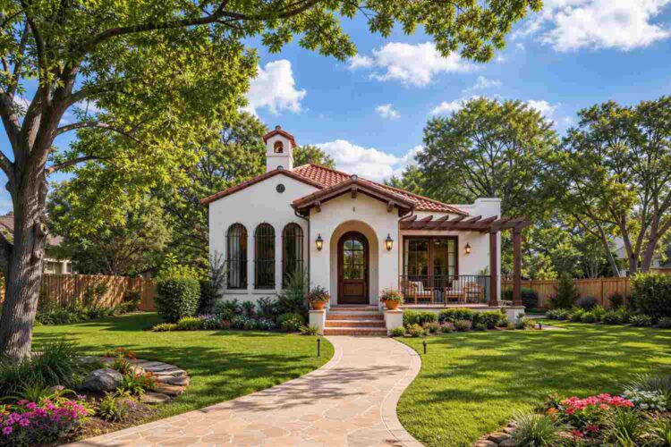 Front Elevation of 3 Bedroom Single Story Spanish Mission Bungalow House Plan with Bell Tower Foyer