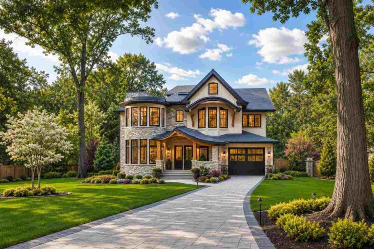 Front Elevation of House Plan with Curved Bay Tower — 5 Bedroom Storybook Craftsman