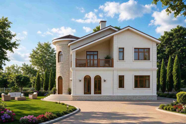 Front Elevation of the Mediterranean Cottage House Plan with Round Turret