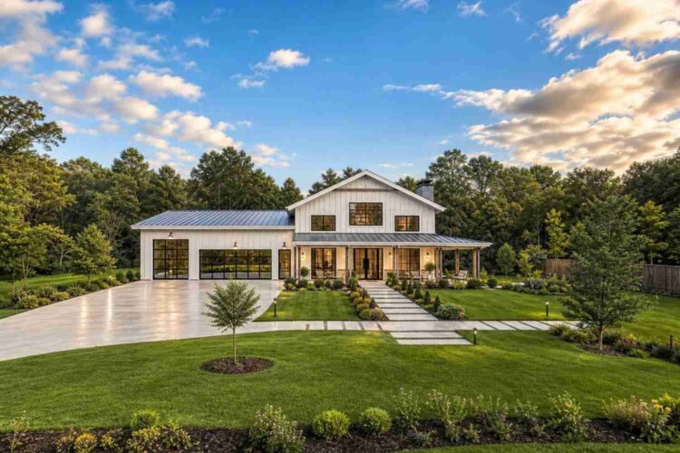 Front Elevation of 6 Bedroom Farmhouse with Attached Shop and Dual Master Suites