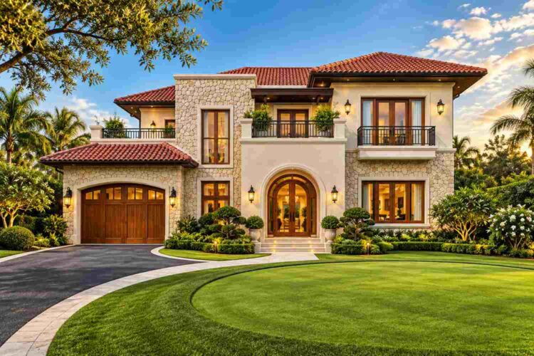 Front Elevation of this 5-Bedroom Spanish Colonial Villa with Stacked Stone Tower