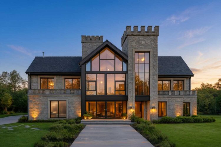 Front Elevation of 5 Bedroom Castellated Contemporary House Plan with Twin Stone Towers