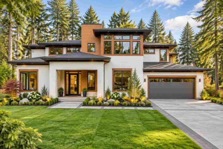 Front Elevation of Modern Prairie House Plan with Upstairs Family Lounge