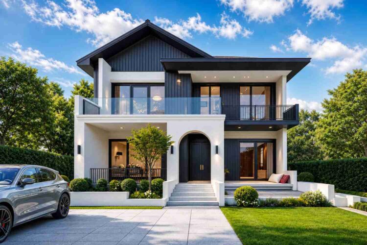 Front elevation of the 5 bedroom 2 story Contemporary house plan with pool