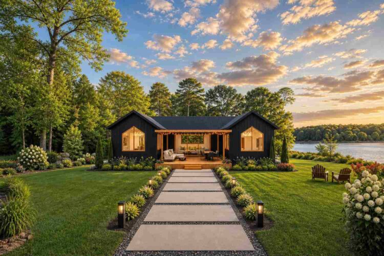 Front Elevation of House Plan with Sunscreen Covered Porch — 2 Bedroom Twin Gable Black Farmhouse