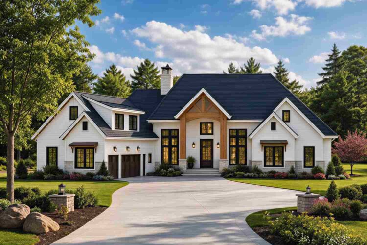 Front Elevation of House Plan for a Large Family — 5 Bedroom Timber Gable Farmhouse