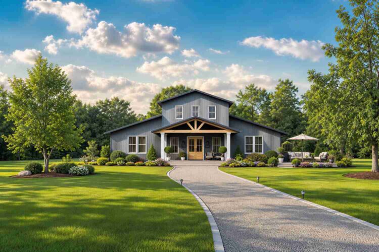 Front Elevation of 4 Bedroom 2 Story Barn Farmhouse House Plan with Loft and Wraparound Porches