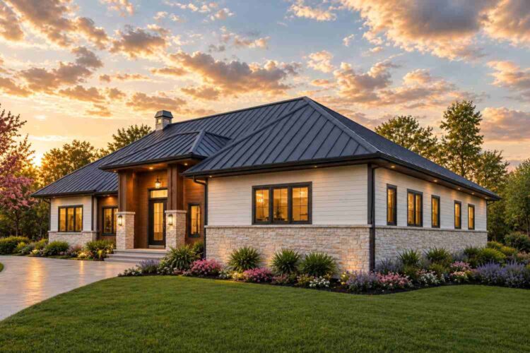 Right Side Elevation of House Plan with Three Guest Suites — 5 Bedroom Hill Country Modern Farmhouse