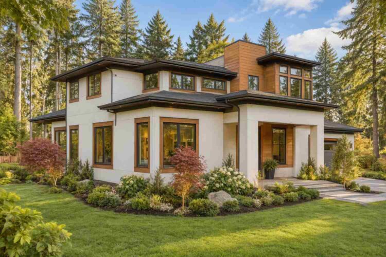 Left Side Elevation of Modern Prairie House Plan with Upstairs Family Lounge