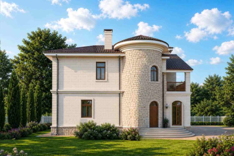 Left Side Elevation of the 4 Bedroom Turret Study House Plan