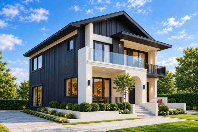 Left elevation of the 5 bedroom 2 story Contemporary house plan with pool