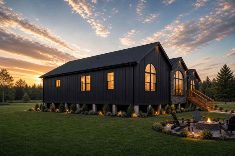 Left Side Elevation of Stone Arch Black Farmhouse House Plan with Vaulted Great Room
