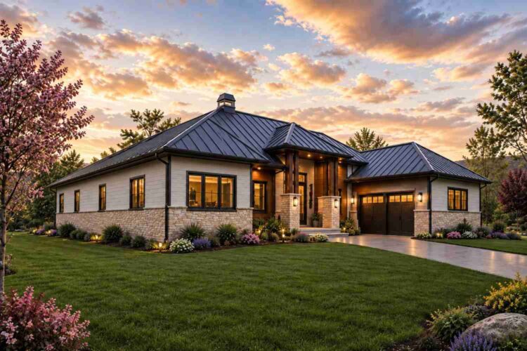 Left Side Elevation of House Plan with Three Guest Suites — 5 Bedroom Hill Country Modern Farmhouse