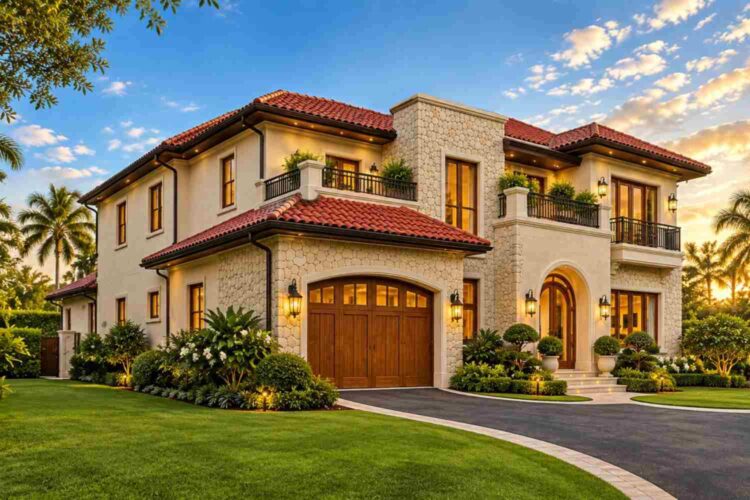 Left Side Elevation Showing the Barrel Tile Roofline of This Two-Story Villa