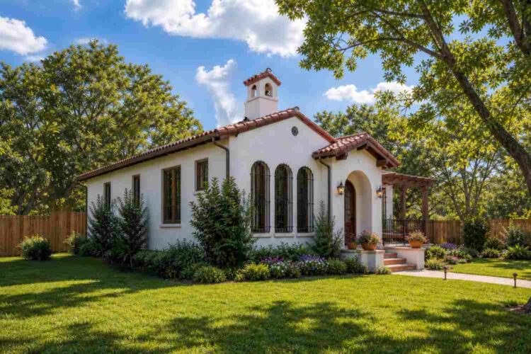 Left Side Elevation of 3 Bedroom Single Story Spanish Mission Bungalow House Plan with Bell Tower Foyer
