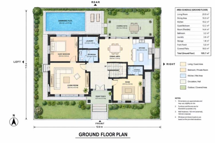 Ground floor blueprint of the 5 bedroom 2 story Contemporary house plan