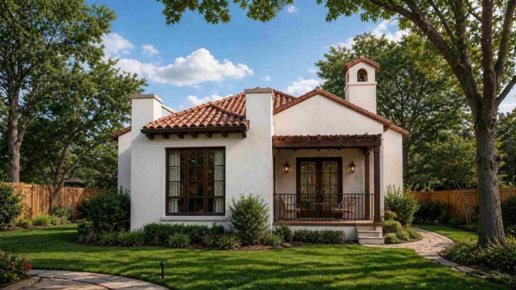 Rear Elevation (Back View) of 3 Bedroom Single Story Spanish Mission Bungalow House Plan with Bell Tower Foyer