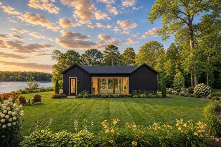 Rear Elevation of 2 Bedroom Twin Gable Black Farmhouse House Plan