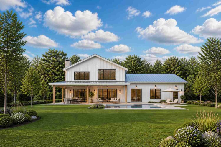 Rear Elevation (Back View) of 6 Bedroom Farmhouse with Attached Shop and Dual Master Suites