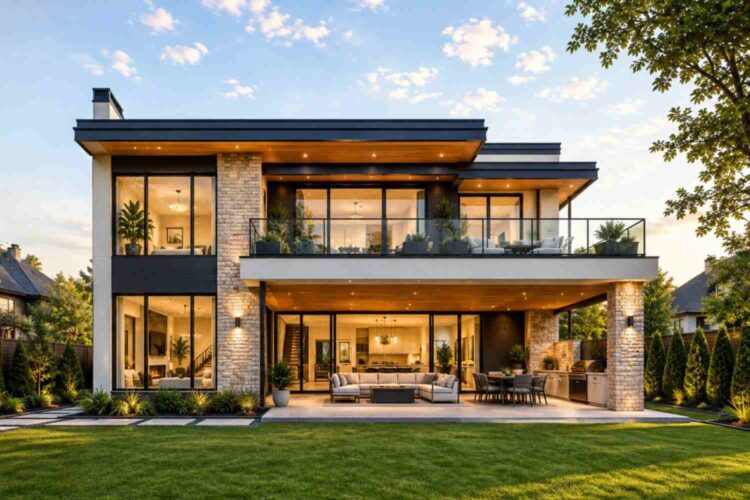 Rear Elevation (Back View) of this Modern Contemporary House with Main-Floor Study