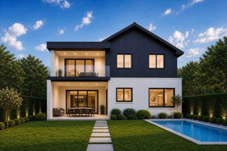 Rear view context — the private pool and covered patio sit directly off the dining area, screened from the street by the home's own footprint