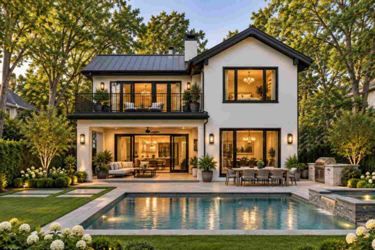 Rear Elevation of Black and White Modern Farmhouse with Covered Patio