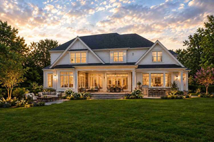 Rear Elevation of House Plan with Primary Suite on the Main Floor — 5 Bedroom Transitional Craftsman