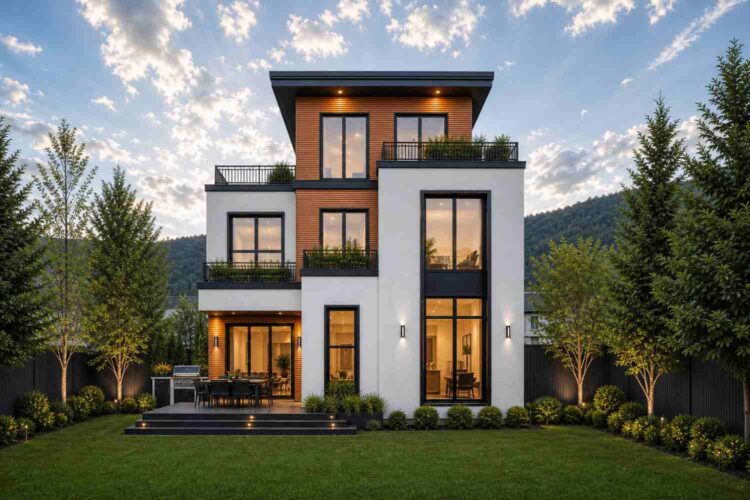 Rear Elevation of Contemporary House Plan with Dual Master Suites