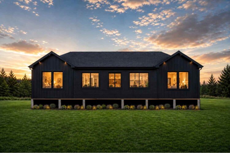 Rear Elevation of Stone Arch Black Farmhouse House Plan with Vaulted Great Room