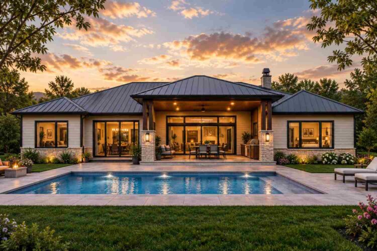 Rear Elevation (Back View) of House Plan with Three Guest Suites — 5 Bedroom Hill Country Modern Farmhouse