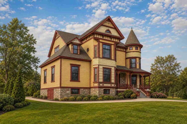 Rear Elevation of House Plan with Turret Guest Suite — 5 Bedroom Eastlake Victorian