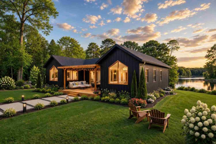 Right Side Elevation of 2 Bedroom Twin Gable Black Farmhouse House Plan